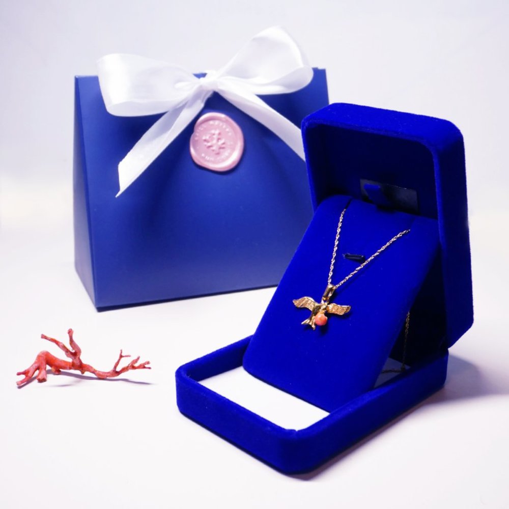 Genuine Angel Skin Momo Coral Pendant Necklace 14K 16" Chain - Dove Bird Charm